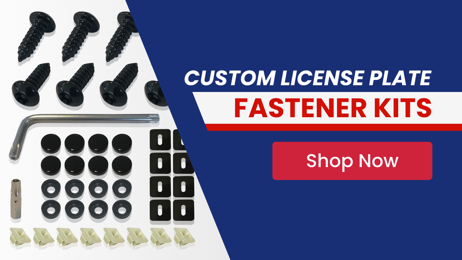 Custom license plate fastener kit with screws and mounting hardware