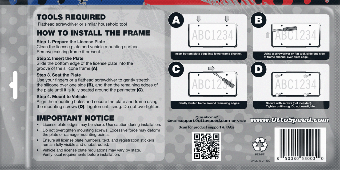 Premium Black Silicone License Plate Frame - Rust Proof, Rattle Proof, Weather Proof - OttoSpeed