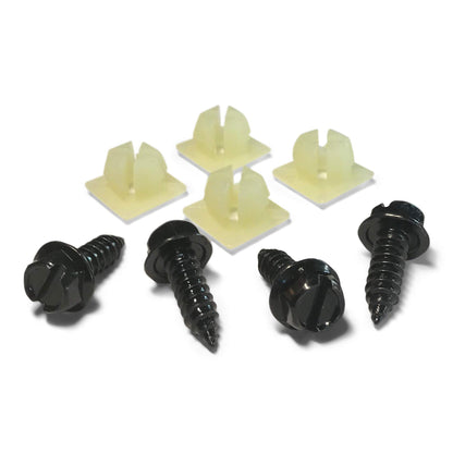 Black Stainless Steel License Plate Screw Kit with OEM Style Fasteners and Nylon Screw Retainers for Mounting Front and Back License Plates