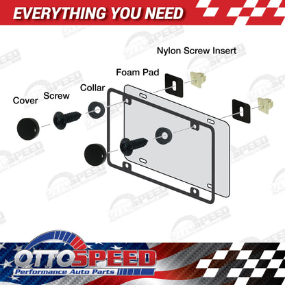 Anti-Theft License Plate Fastener Kit Black - Rust Proof License Plate Screws with Nylon Inserts, Screw Covers and Anti-Rattle Pads