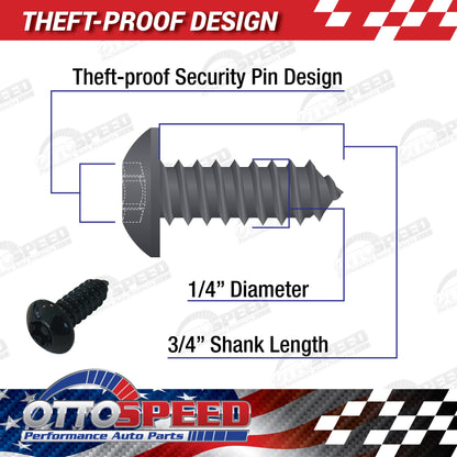 Anti-Theft License Plate Fastener Kit Black - Rust Proof License Plate Screws with Nylon Inserts, Screw Covers and Anti-Rattle Pads