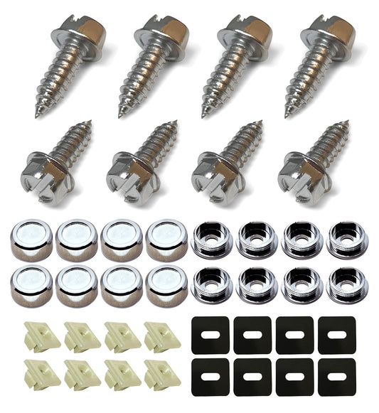 Stainless Steel License Plate Screw Fastener Kit - Chrome Complete Mounting Solution with Self Tapping Mounting Bolts