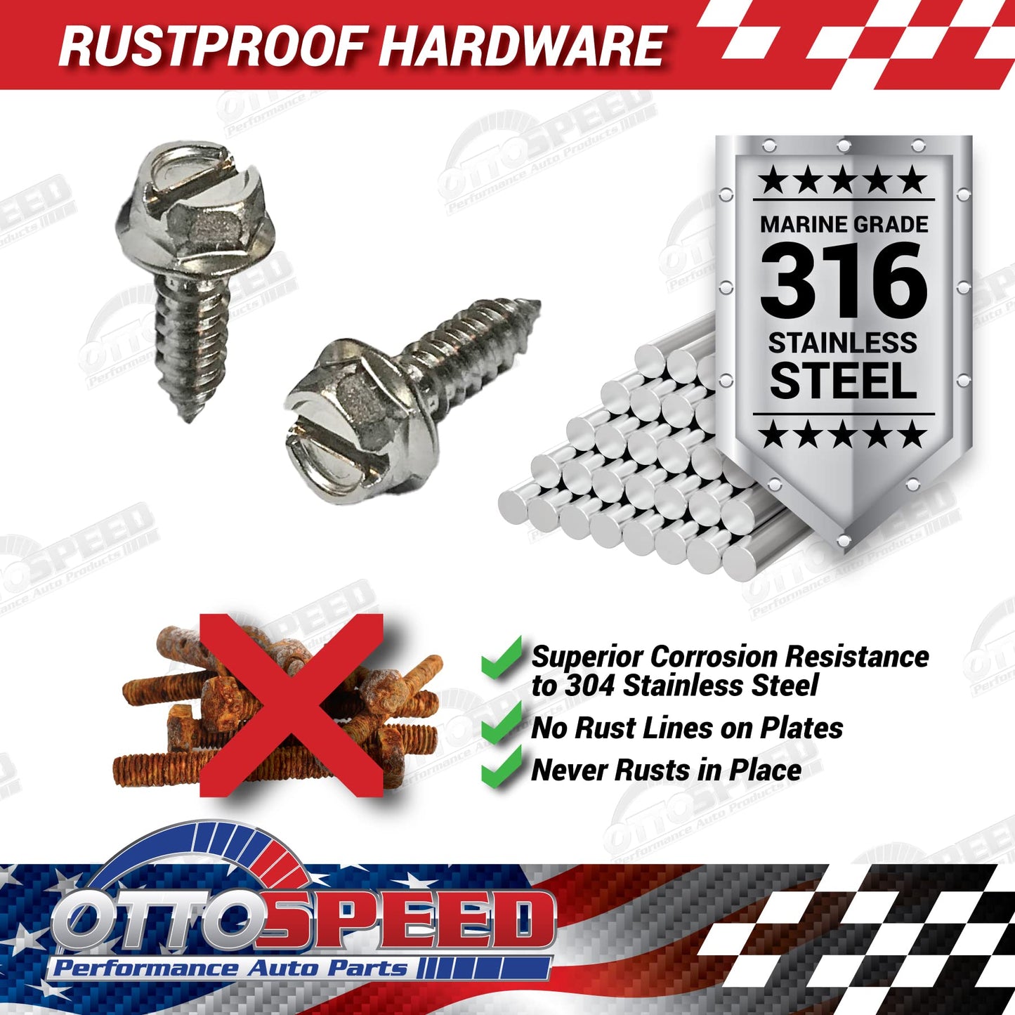 Stainless Steel License Plate Screw Kit - Rustproof Self-Tapping Bolts For Mounting Front and Back License Plates