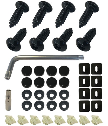 Anti-Theft License Plate Fastener Kit Black - Rust Proof License Plate Screws with Nylon Inserts, Screw Covers and Anti-Rattle Pads