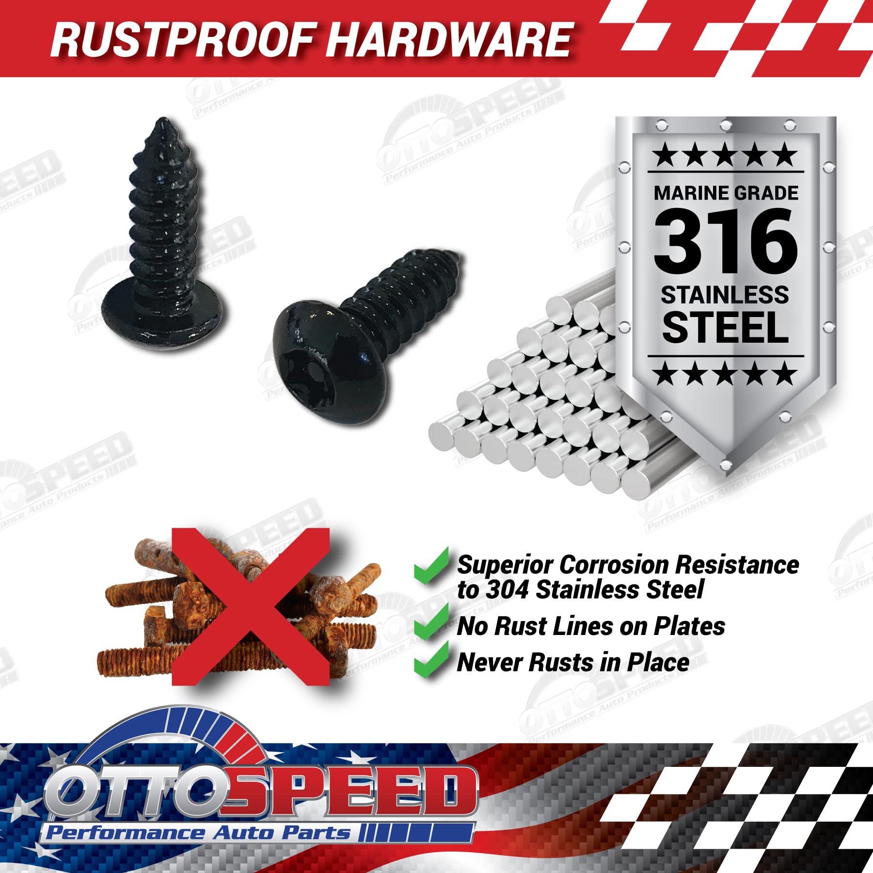 Antitheft License Plate Screw Kit for Domestic Vehicles - Rustproof Black Stainless Steel (Set of 4) - OttoSpeed