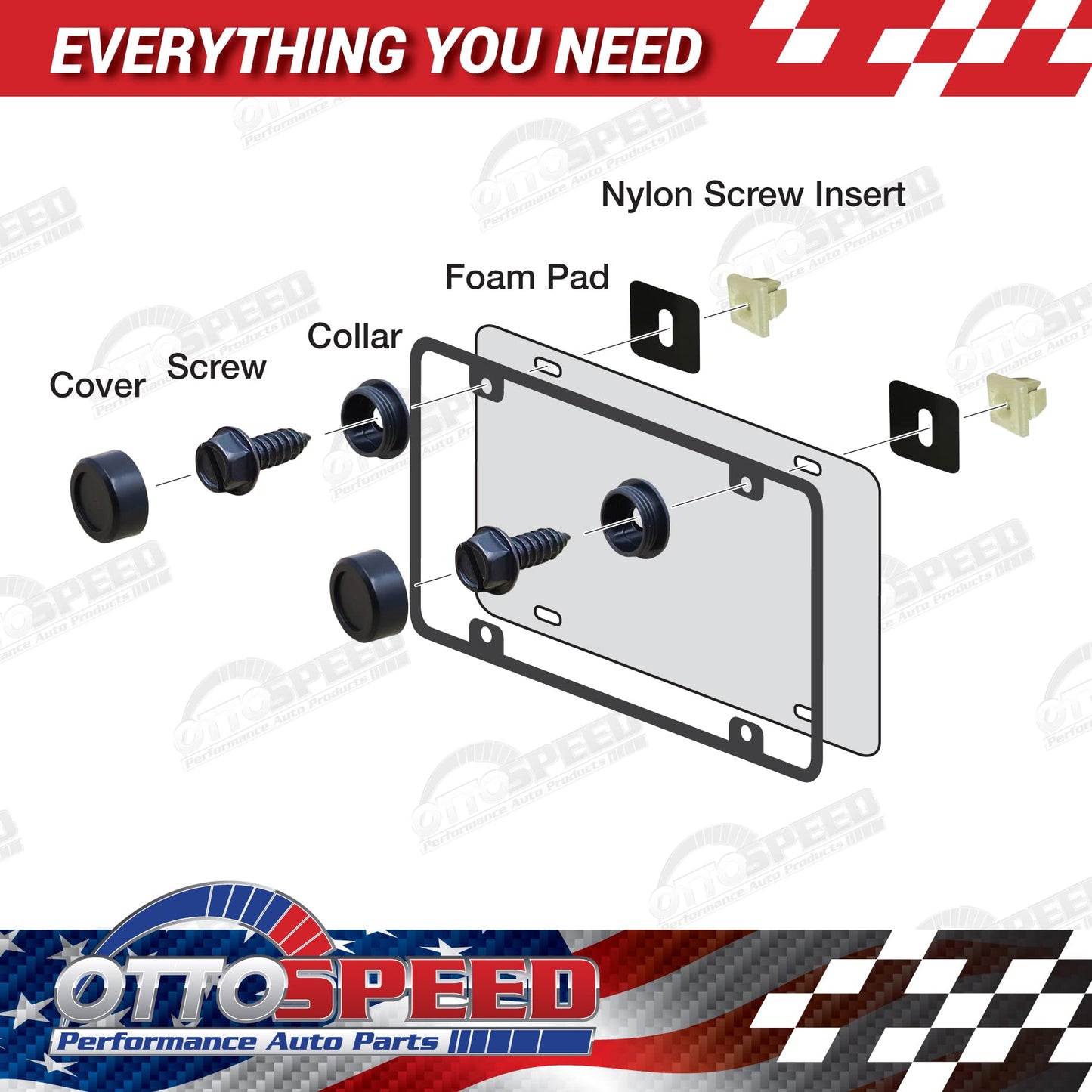 Black License Plate Screws and Covers Kit for Domestic Vehicles - Rustproof Stainless Steel (Set of 8) - OttoSpeed