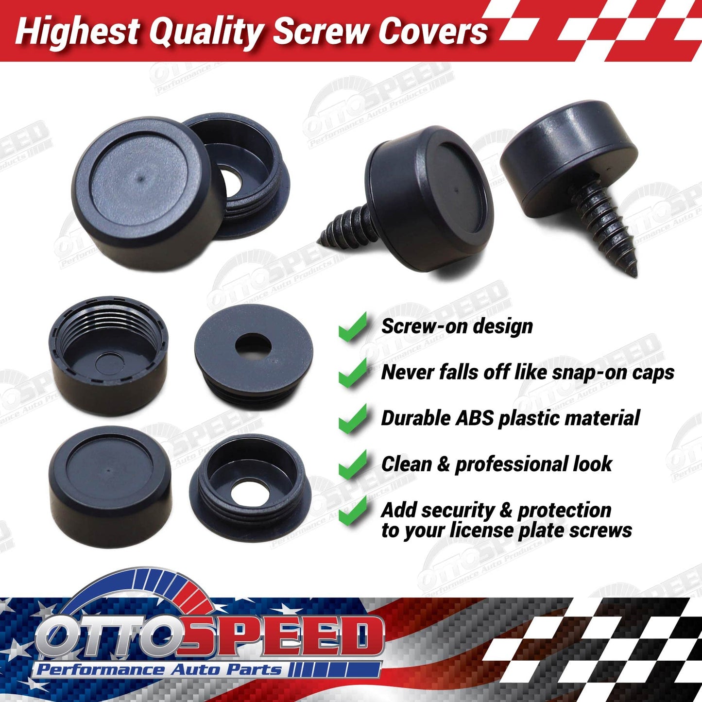 Black License Plate Screws and Covers Kit for Domestic Vehicles - Rustproof Stainless Steel (Set of 8) - OttoSpeed