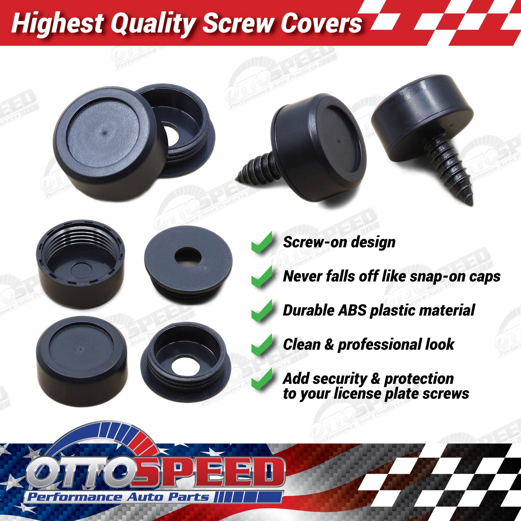 Black License Plate Screws and Covers Kit for Domestic Vehicles - Rustproof Stainless Steel (Set of 8) - OttoSpeed