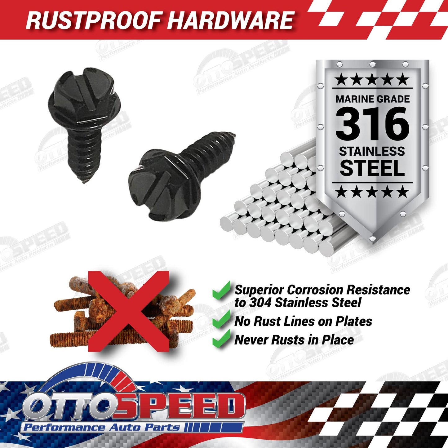 Black License Plate Screws and Inserts Kit for Domestic Vehicles - Rustproof Stainless Steel (Set of 4) - OttoSpeed