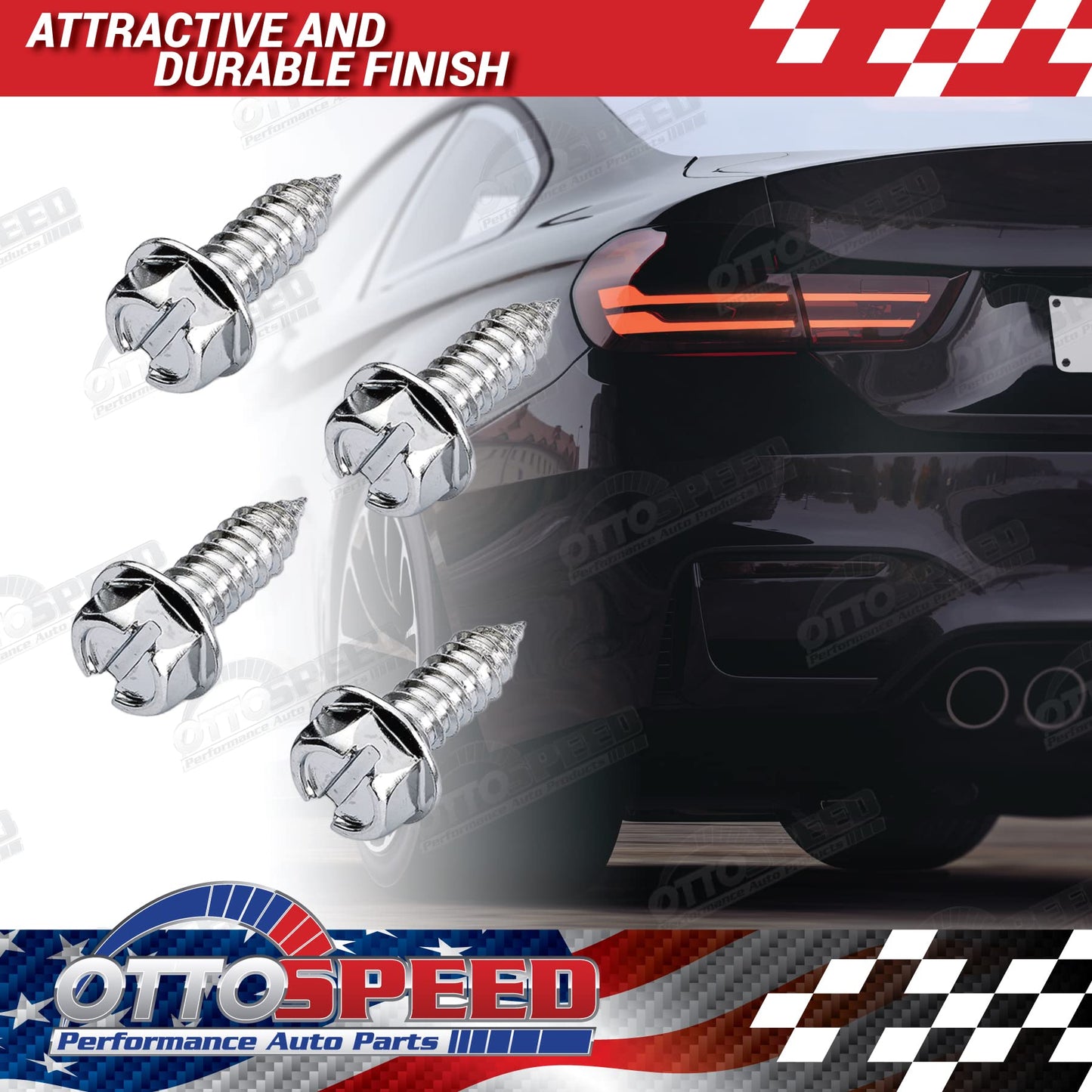 Chrome License Plate Screws and Inserts Kit for Domestic Vehicles - Rustproof Stainless Steel (Set of 4) - OttoSpeed