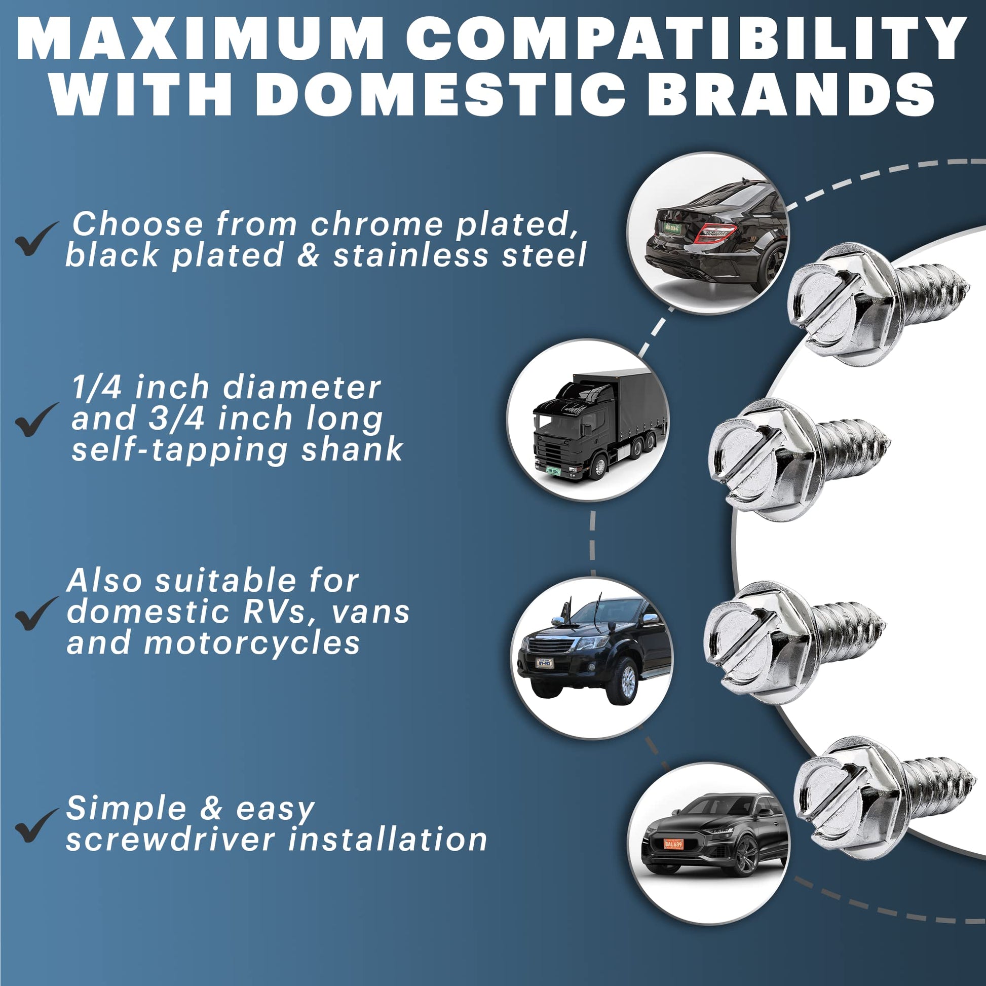 Chrome License Plate Screws for Domestic Vehicles - Rustproof Stainless Steel (Set of 4) - OttoSpeed